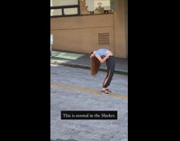 Woman blue shirt bend street middle pictorial