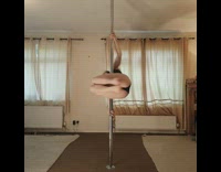 Lady spins around pole brown dog interrupts 