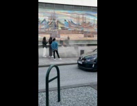 Collab IITW - Woman black outfit Walks Over Geothermal Sidewalk for Content