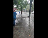 Vehicles push flood water to the sidewalk