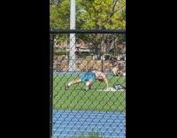 Blue shorts guy push ups wide stance  