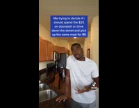 Guy debates getting food delivered or driving 