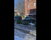 2 bikers drag christmas trees on ground 