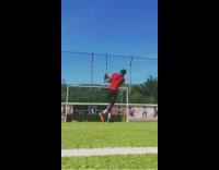 Guy hits ball hockey stick net grass