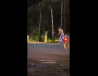 Girl cap sit ground blue car headlights