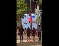Two couples hold hands on the street