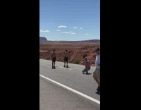 Two shirtless men handstand in the middle of the road