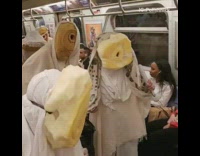 Weird white cult costumes with bread bagel egg omelette face masks subway
