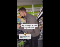 Skit of careless grandpa with mask at supermarket