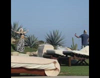 Woman zebra beach dress yoga pose pictorial