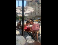 Man blue panty walk barefoot on street