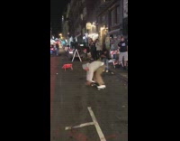 Grey sweater red ramp skateboard flip cops