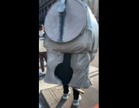 Person carry Rhino butt costume on street