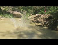 shirtless man black shorts hits back in river