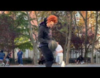 Chucky doll plays basketball on the street