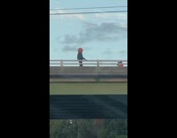 Guy black sleeves pumpkin head on bridge