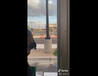 Lady parks car in Starbucks drive through 