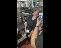 Guy pours water in funnel in pants 