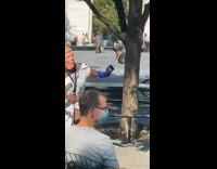 Girl trump mask white hospital gown runs 