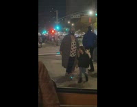 Lady pushes toy unicorn on wheels sidewalk 