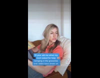 Girl squeezes into blue kids toy heels 