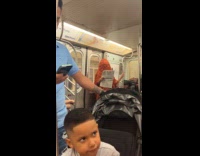 Person riding subway face covered with hair