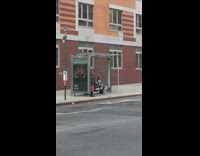 old woman in cow costume waiting at bus stop