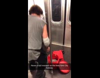 bird comes out of red bucket lands on mans head 