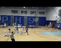 White jersey steals ball during basketball game and shoots half court buzzer shot and makes it