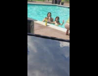 Two young girls tiktok dance community pool 