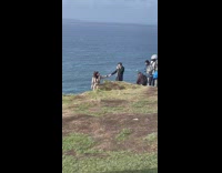 Woman in brown coat hold hands with photographer on the hill