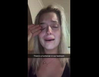 Girl crying spider in bedroom