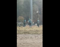 Four person Raygun costume breakdance at park