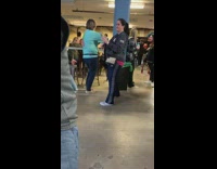 Girl black shirt spin twirl dance music fanny pack