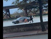 Woman twerks beside car at the park