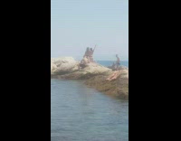 Two women bikini peace sign outbalanced rocks