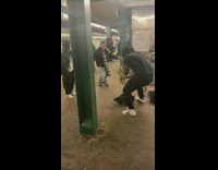 Drums subway man blue jacket jeans dancing to music