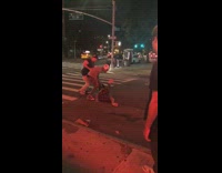 Group of guys jump man on the street for perpetrating property