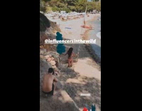 Red bikini girl swing blue balloons beach