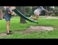 Flat blue swing hits girl in face 