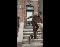 Man stumbles down the front porch stairs