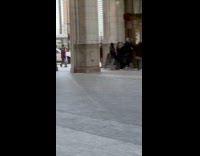 Woman white fur coat dances at park