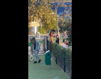 Bikini girl catwalks down sidewalk dog park 