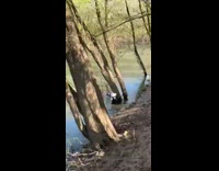 Girl white hat slips falls into river water
