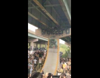 Skateboard drops from bridge pillar fail