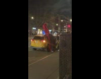 Red dress stands on car for photo