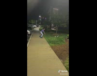 Girl tries to take white cup stuck on skunk head