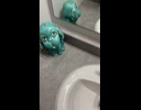Man sees sad dog statue at grandmas bathroom