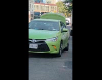 Baby holds driver wheel inside green car