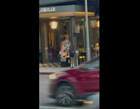 Girl pink skirt squat beside silver lion statue 